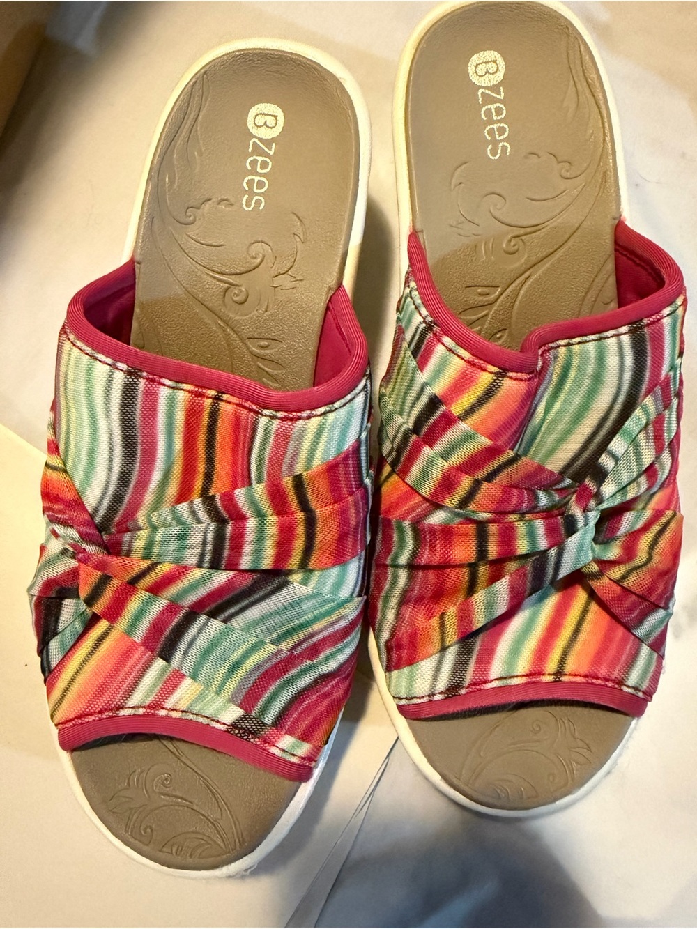 Bzees Multicolor Striped Slide Mules with Pink Trim